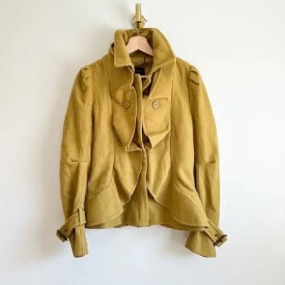 BCBGMAXAZRIA Wool-Cashmere Ruffle Zip Up Pea Coat Green Ochre S - Picture 1 of 13